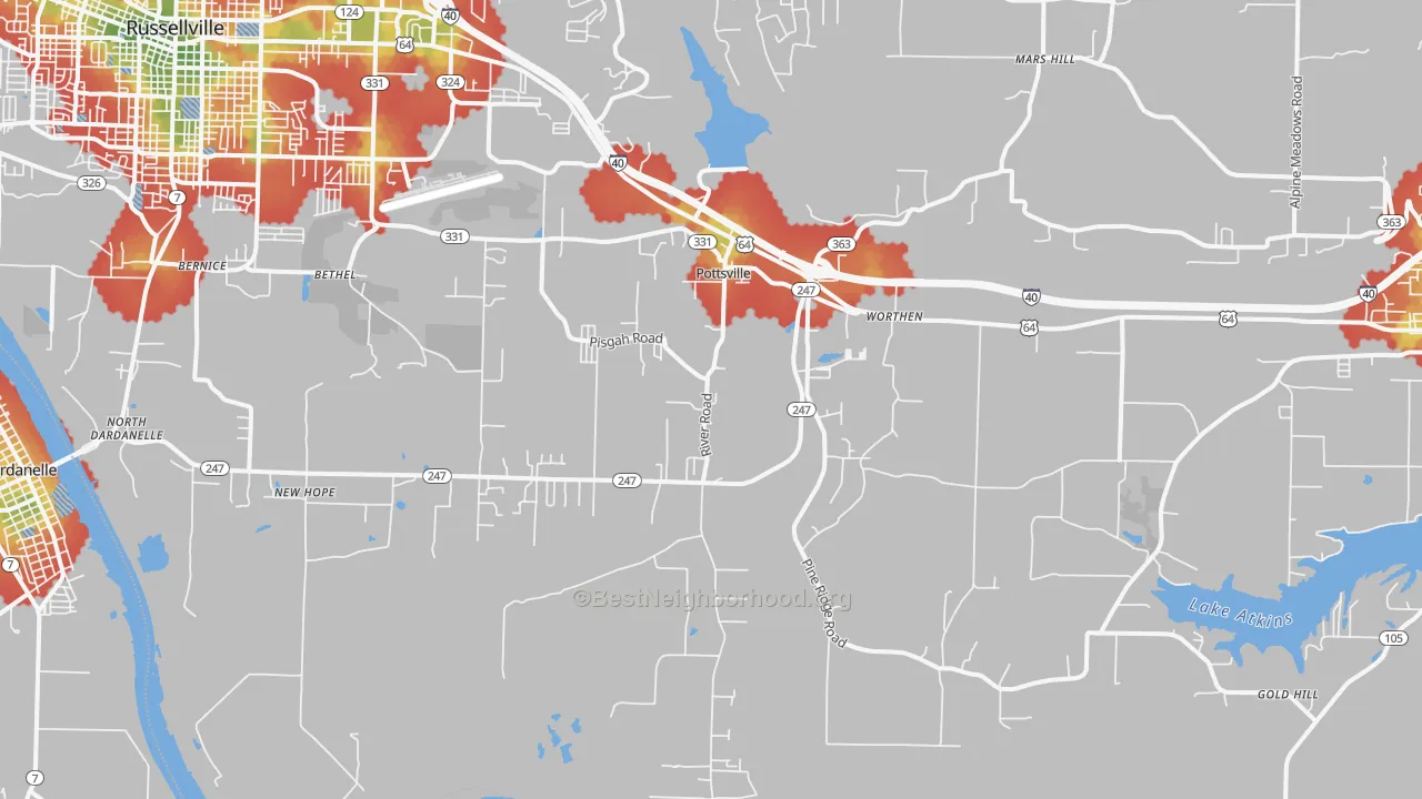 Walk Grade map of Pottsville, AR, walkable areas in green and car-dependent areas in red