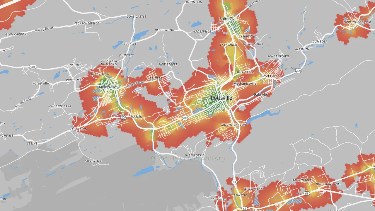 Walk Grade map of Pottsville, PA, walkable areas in green and car-dependent areas in red