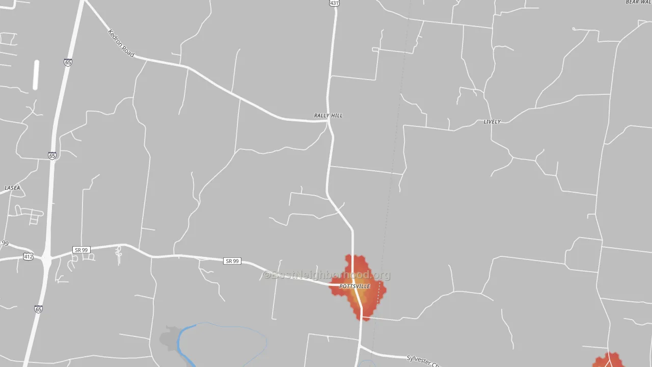 Walk Grade map of Pottsville, TN, walkable areas in green and car-dependent areas in red