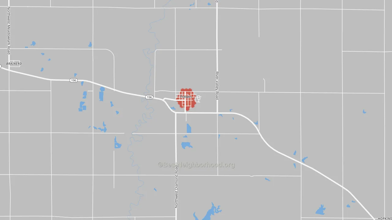 Walk Grade map of Potwin, KS, walkable areas in green and car-dependent areas in red