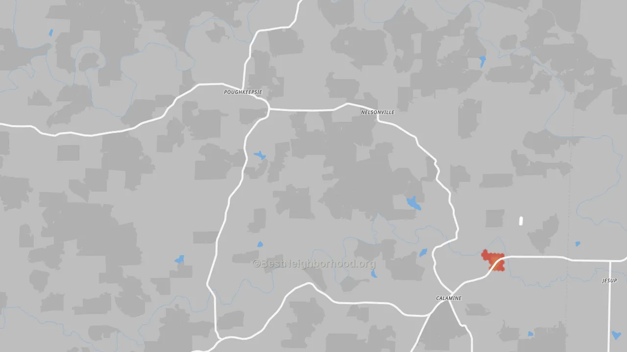 Walk Grade map of Poughkeepsie, AR, walkable areas in green and car-dependent areas in red