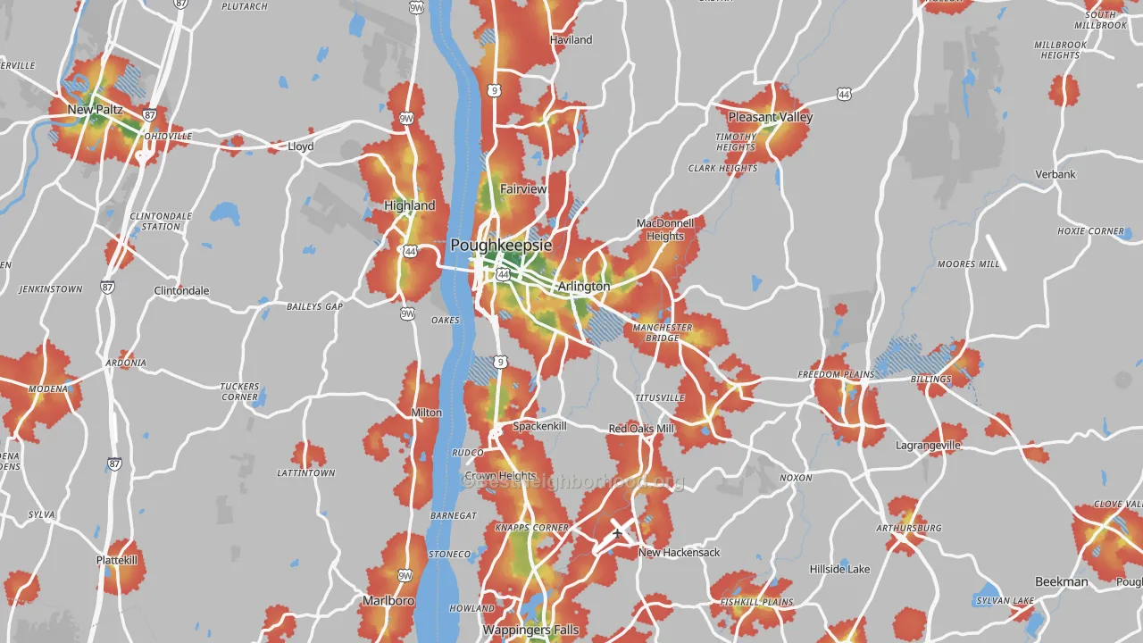 Walk Grade map of Poughkeepsie, NY, walkable areas in green and car-dependent areas in red