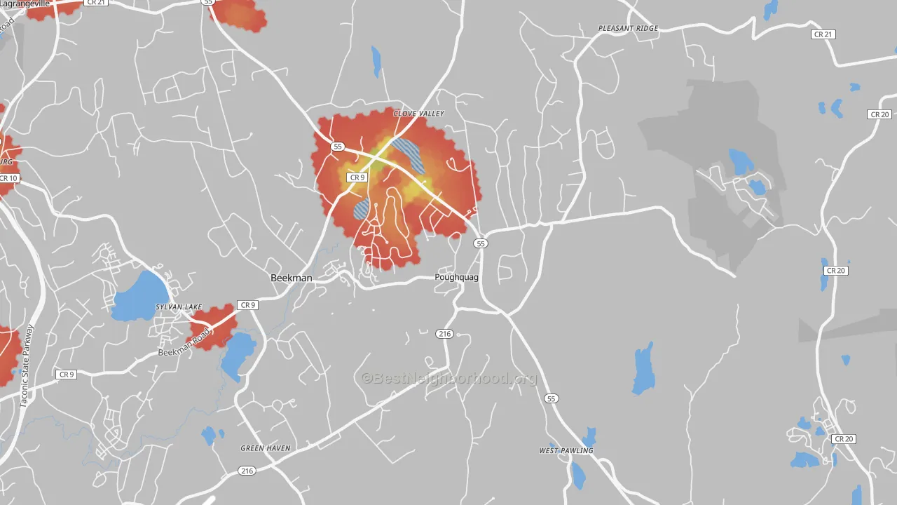 Walk Grade map of Poughquag, NY, walkable areas in green and car-dependent areas in red