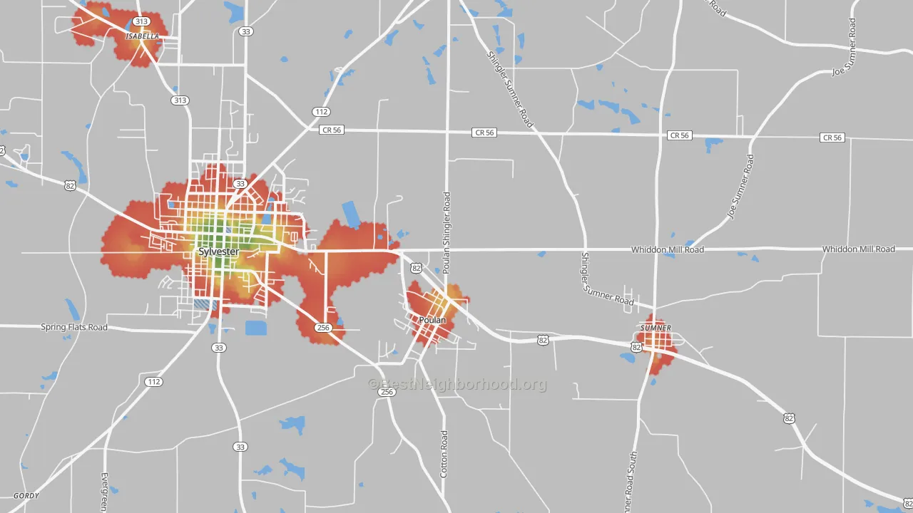 Walk Grade map of Poulan, GA, walkable areas in green and car-dependent areas in red