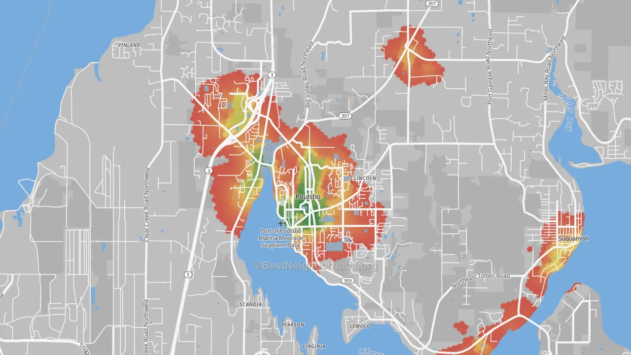 Walk Grade map of Poulsbo, WA, walkable areas in green and car-dependent areas in red