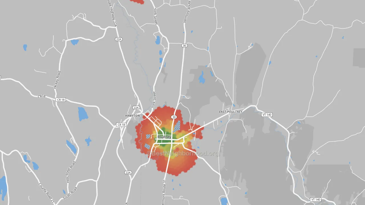 Walk Grade map of Poultney, VT, walkable areas in green and car-dependent areas in red