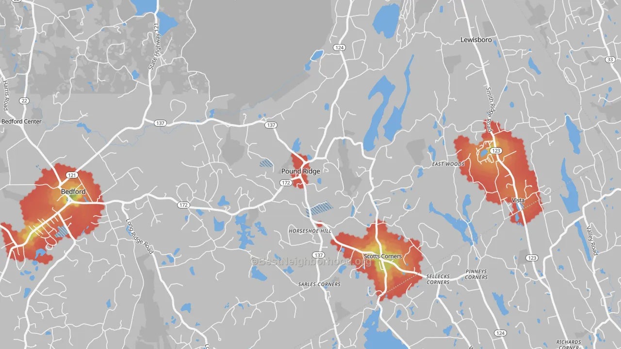 Walk Grade map of Pound Ridge, NY, walkable areas in green and car-dependent areas in red