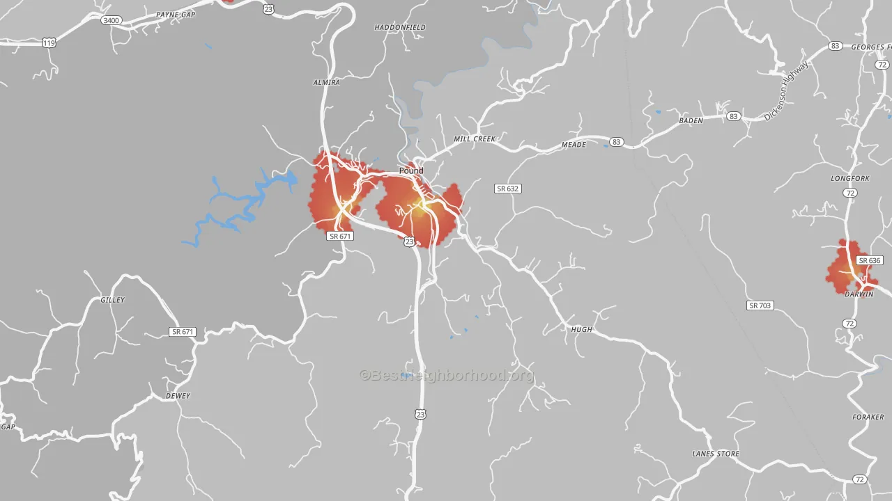 Walk Grade map of Pound, VA, walkable areas in green and car-dependent areas in red