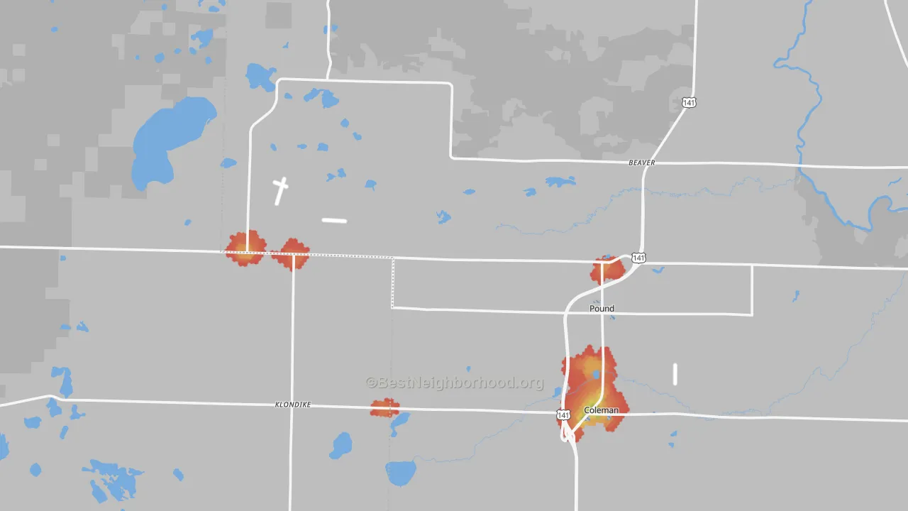 Walk Grade map of Pound, WI, walkable areas in green and car-dependent areas in red