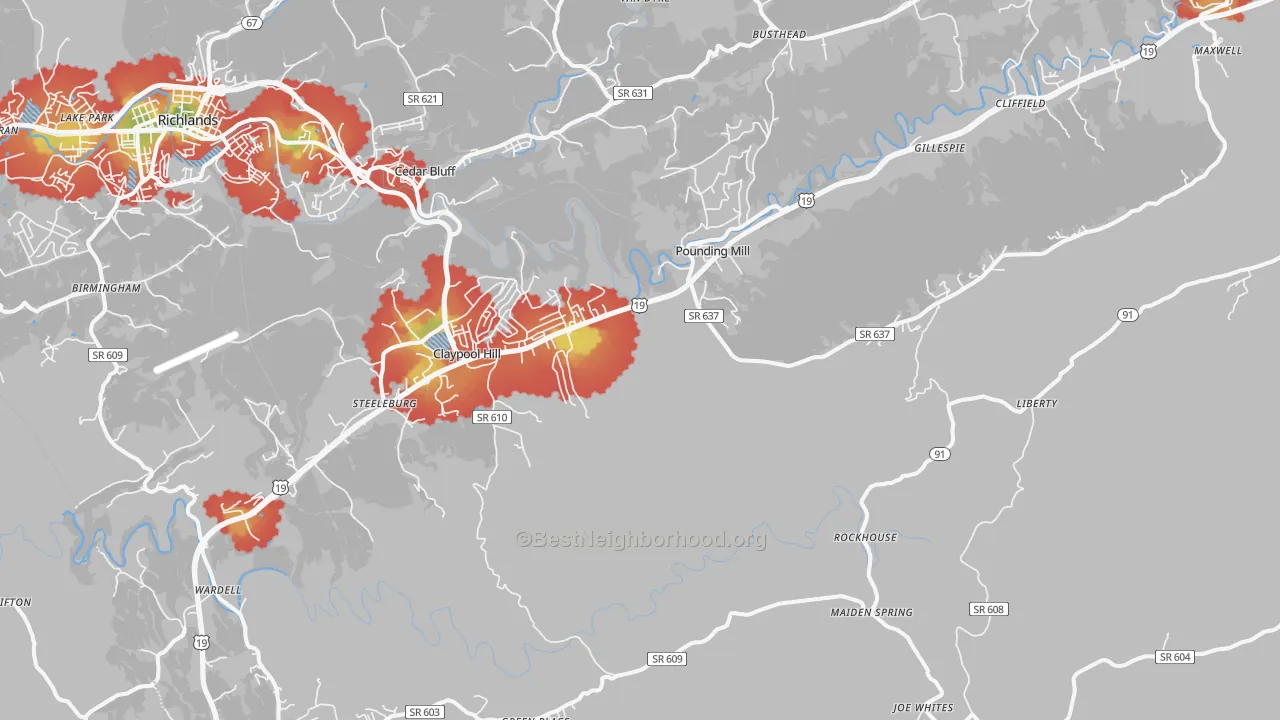 Walk Grade map of Pounding Mill, VA, walkable areas in green and car-dependent areas in red