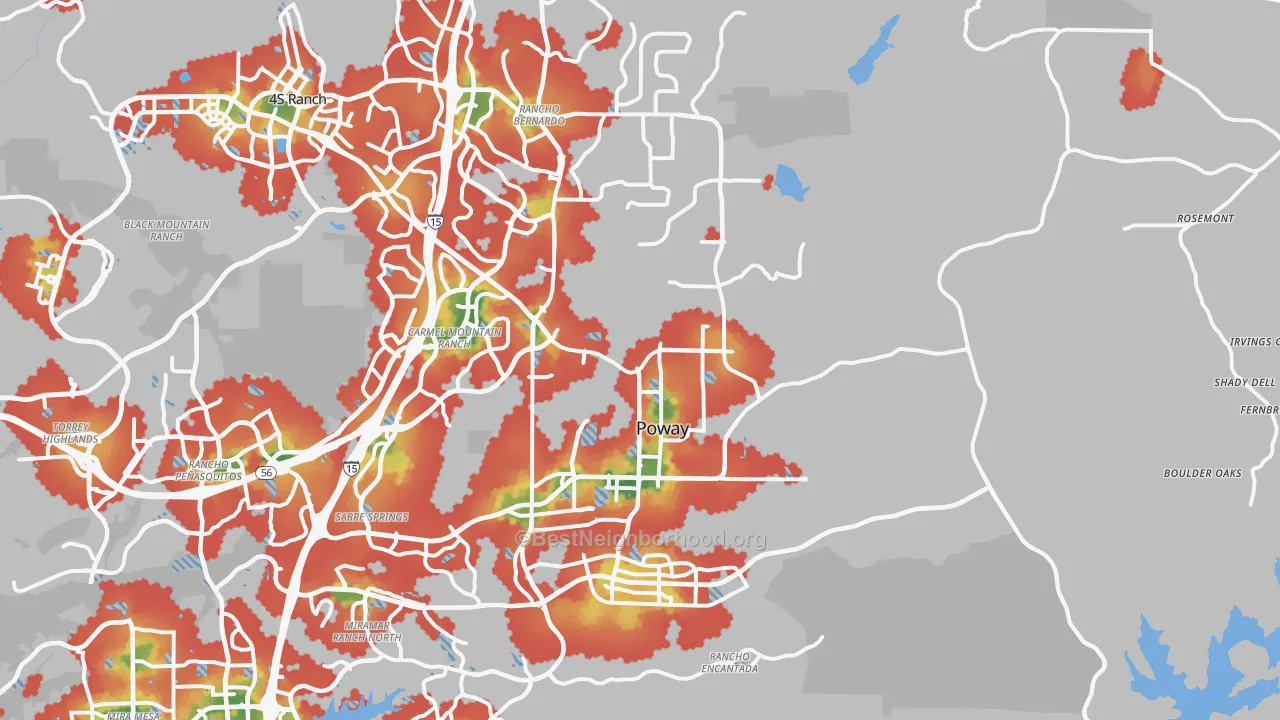 Walk Grade map of Poway, CA, walkable areas in green and car-dependent areas in red