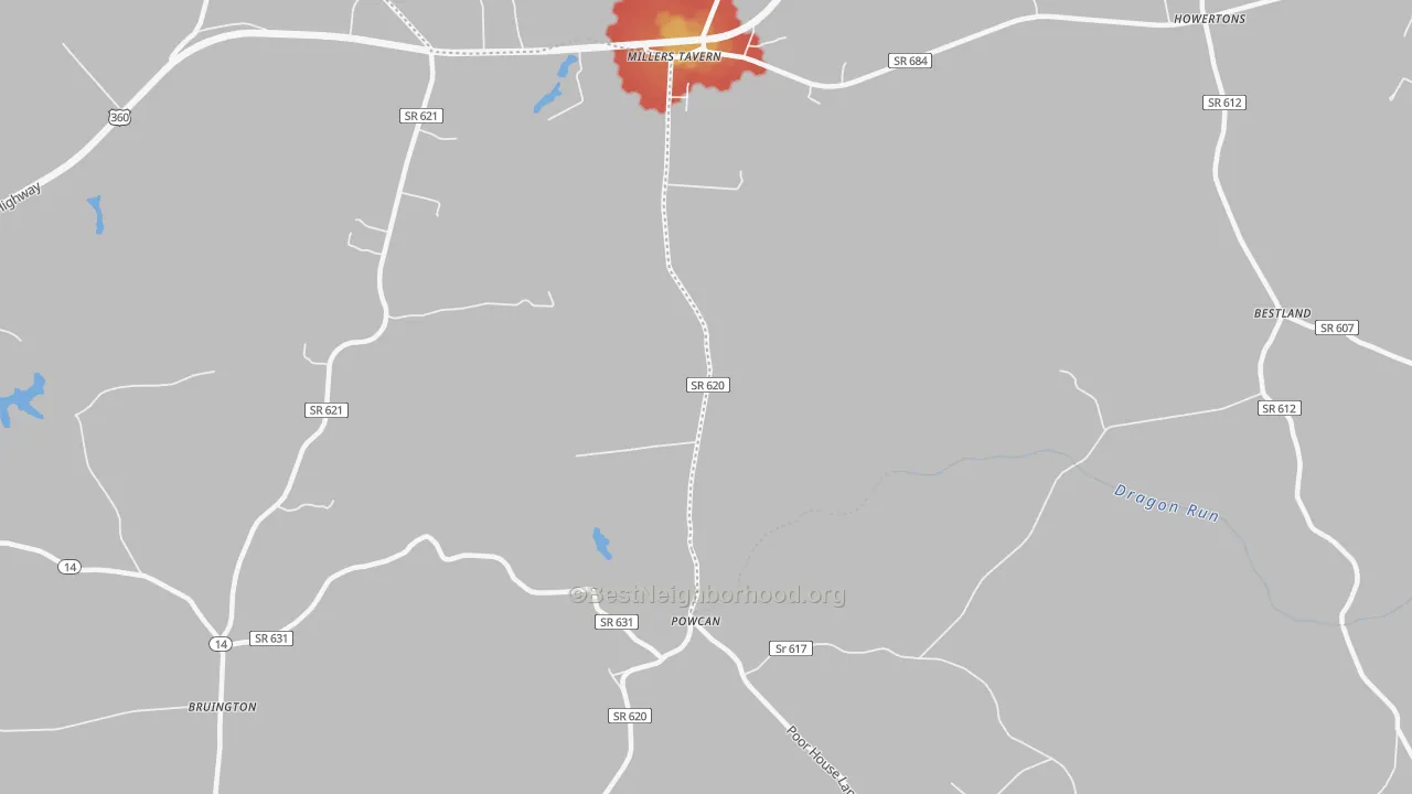 Walk Grade map of Powcan, VA, walkable areas in green and car-dependent areas in red