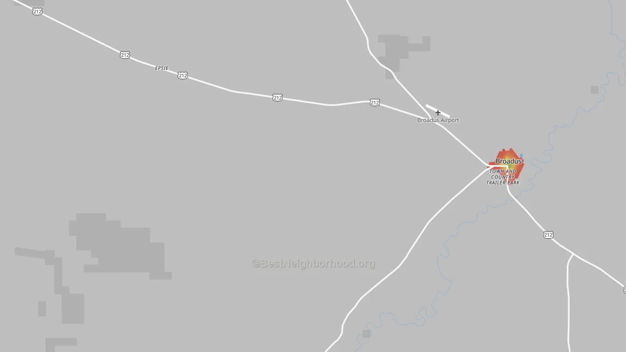 Walk Grade map of Powder River County, MT, walkable areas in green and car-dependent areas in red