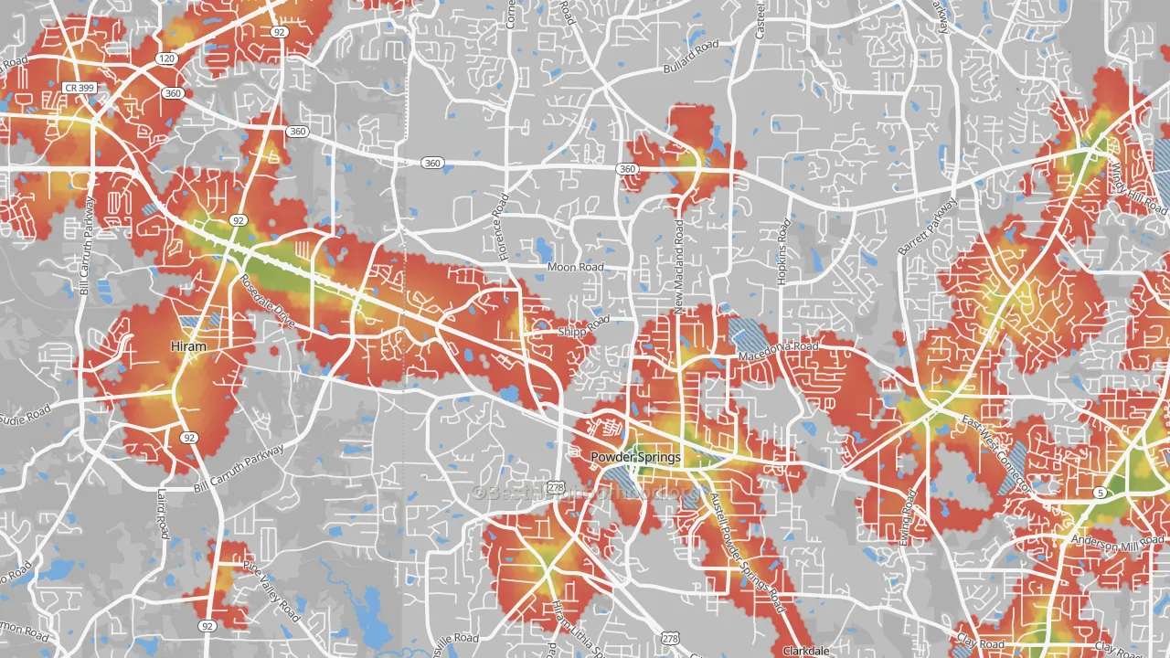 Walk Grade map of Powder Springs, GA, walkable areas in green and car-dependent areas in red