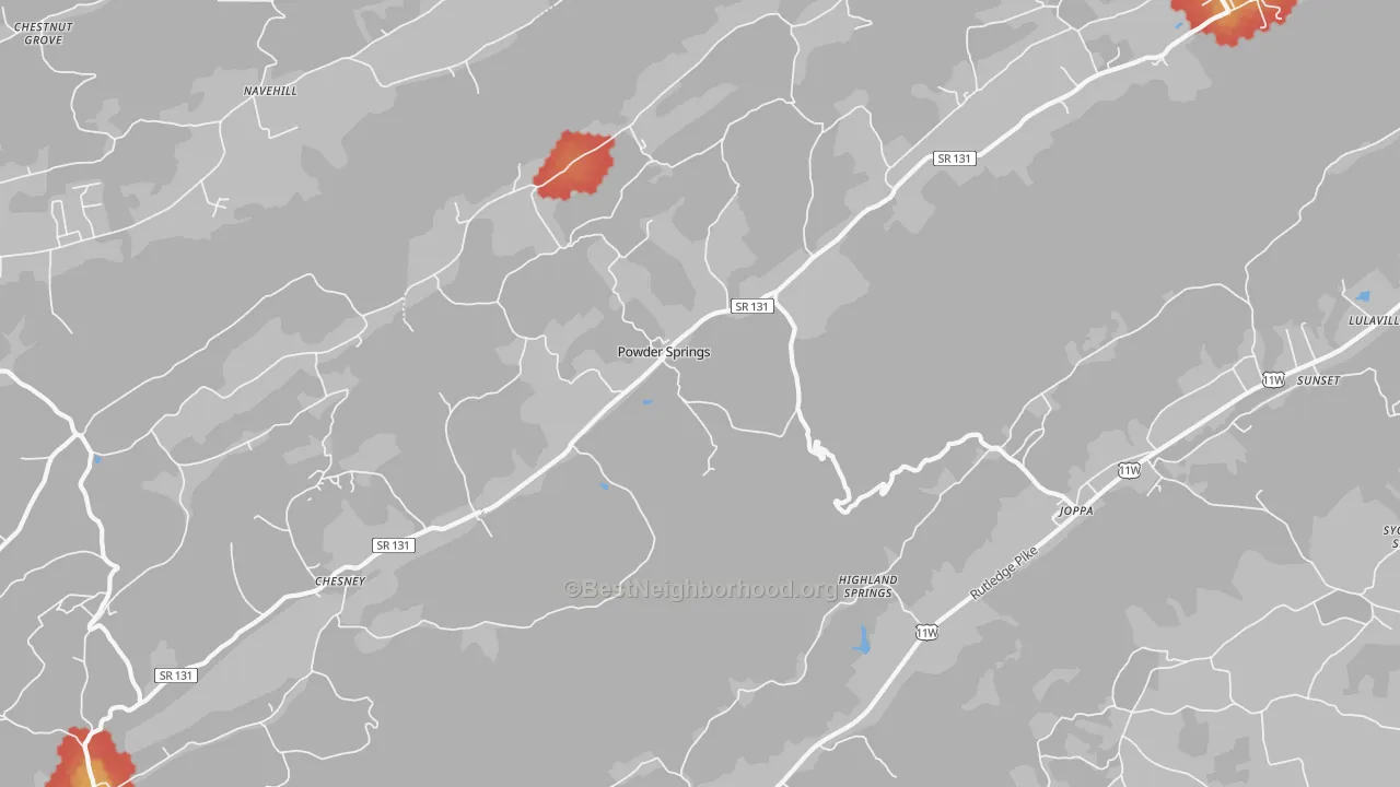 Walk Grade map of Powder Springs, TN, walkable areas in green and car-dependent areas in red