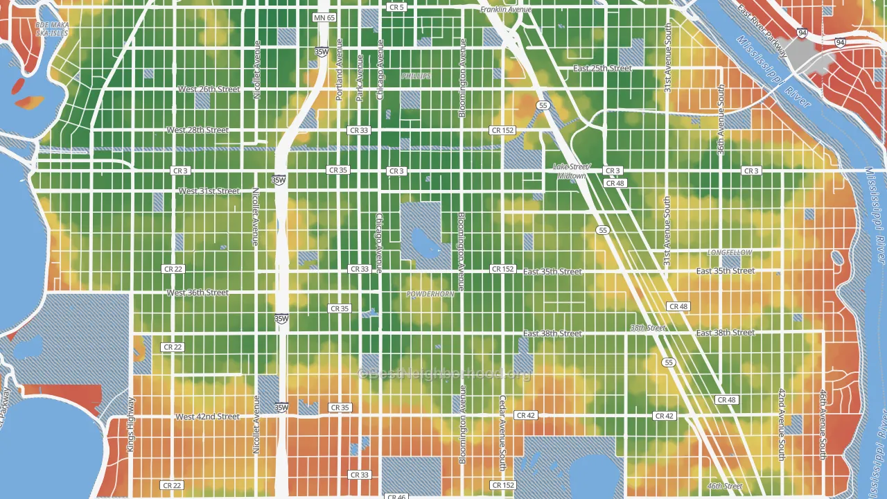 Walk Grade map of Powderhorn Park, Minneapolis, MN, walkable areas in green and car-dependent areas in red