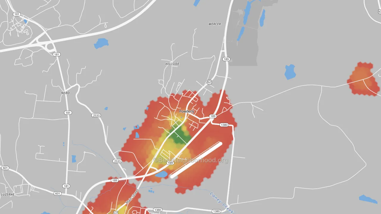 Walk Grade map of Powderly, KY, walkable areas in green and car-dependent areas in red