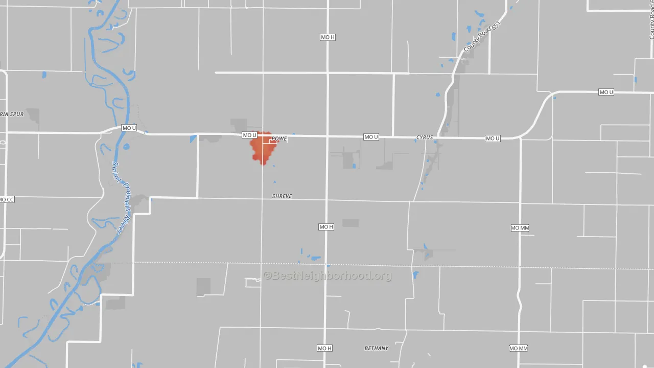 Walk Grade map of Powe, MO, walkable areas in green and car-dependent areas in red