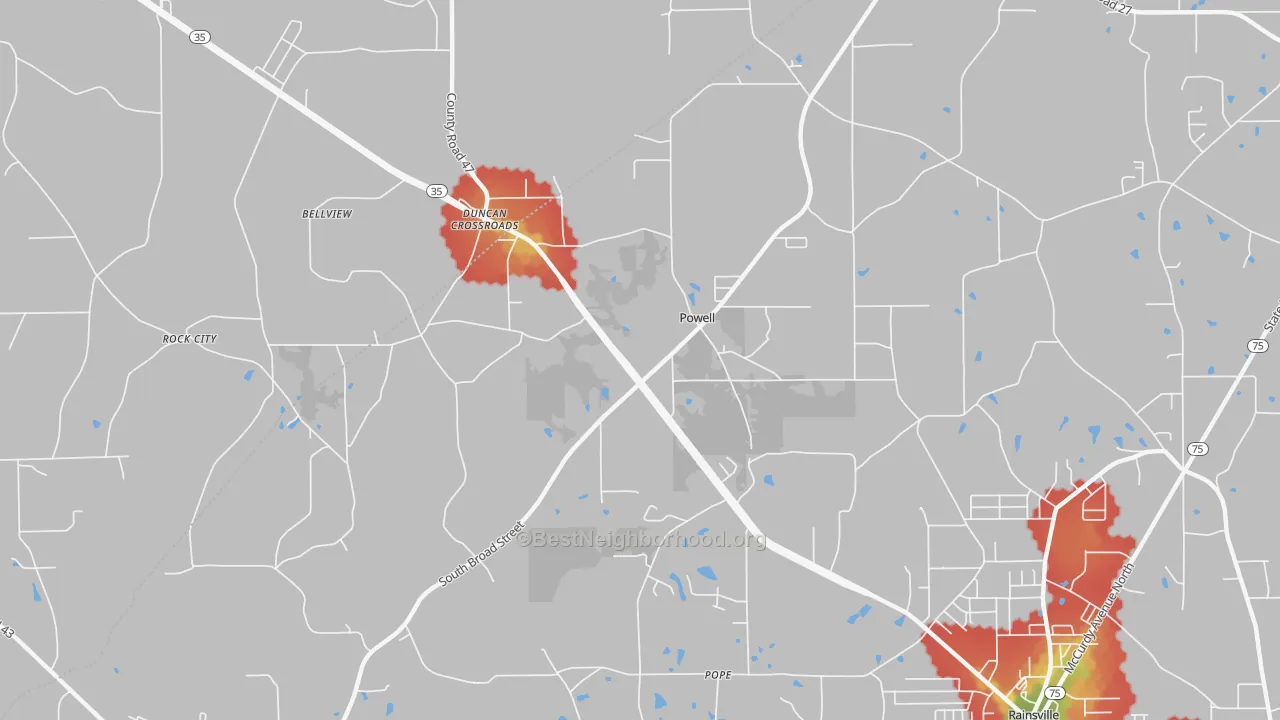 Walk Grade map of Powell, AL, walkable areas in green and car-dependent areas in red