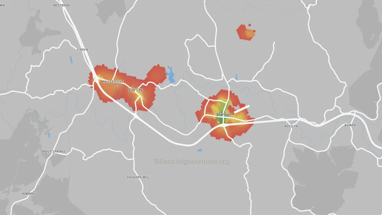 Walk Grade map of Powell County, KY, walkable areas in green and car-dependent areas in red