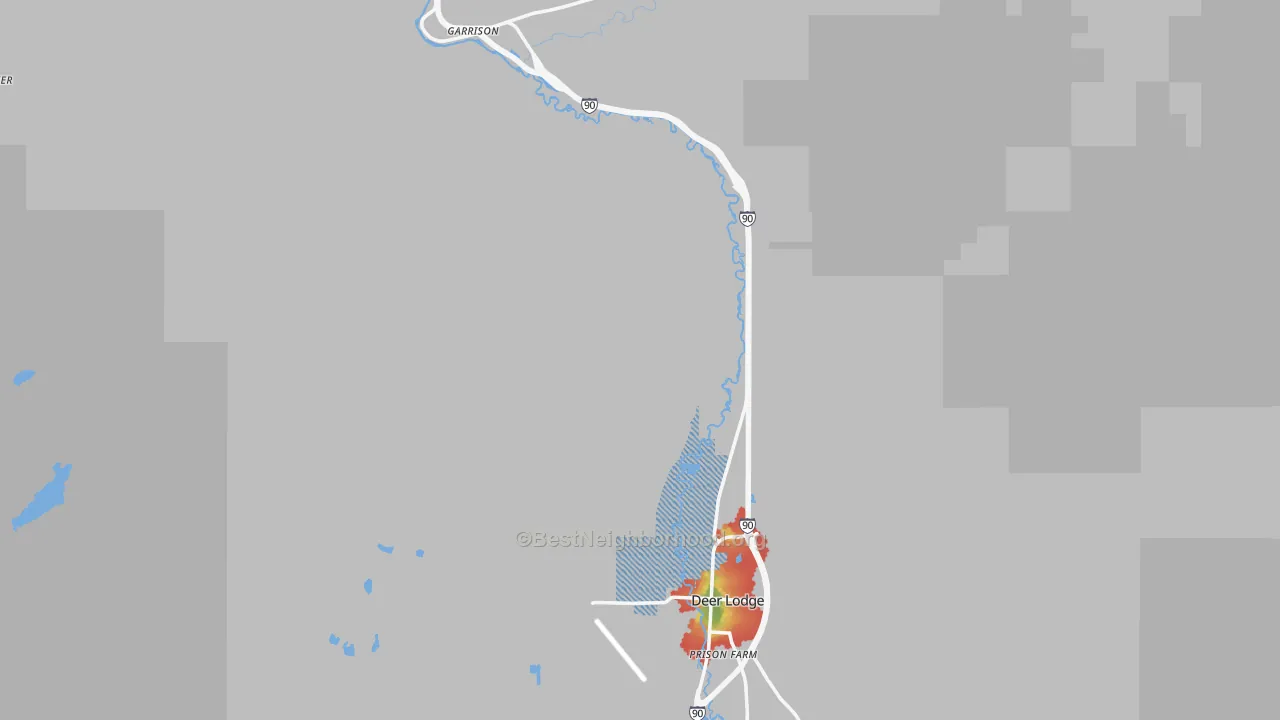 Walk Grade map of Powell County, MT, walkable areas in green and car-dependent areas in red