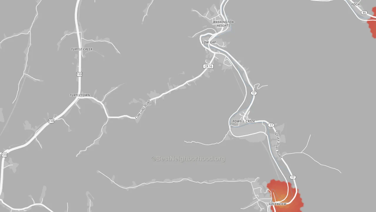 Walk Grade map of Powell Creek, WV, walkable areas in green and car-dependent areas in red