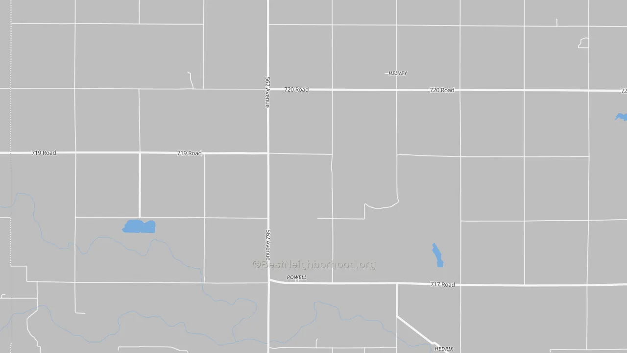 Walk Grade map of Powell, NE, walkable areas in green and car-dependent areas in red