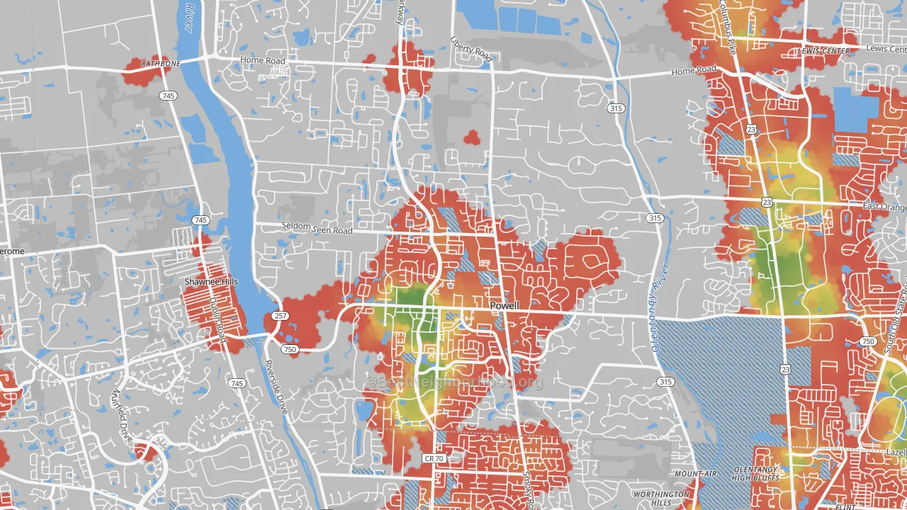 Walk Grade map of Powell, OH, walkable areas in green and car-dependent areas in red