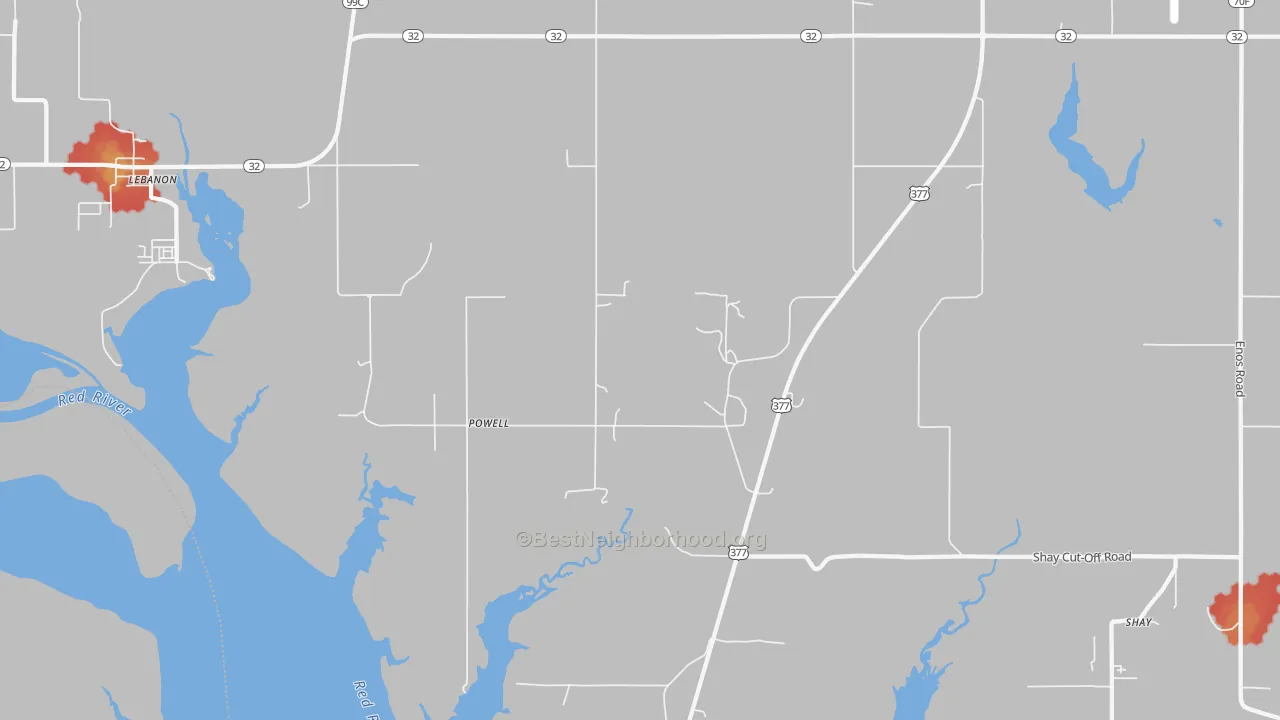 Walk Grade map of Powell, OK, walkable areas in green and car-dependent areas in red