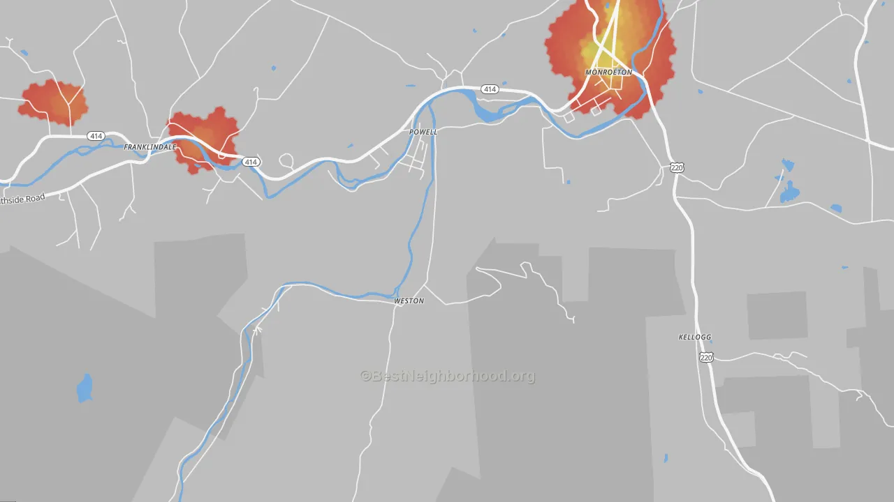 Walk Grade map of Powell, PA, walkable areas in green and car-dependent areas in red
