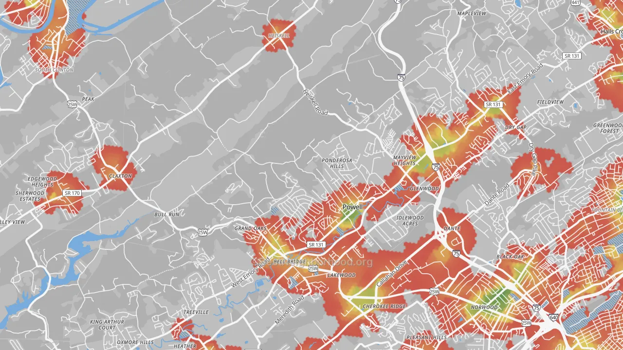 Walk Grade map of Powell, TN, walkable areas in green and car-dependent areas in red