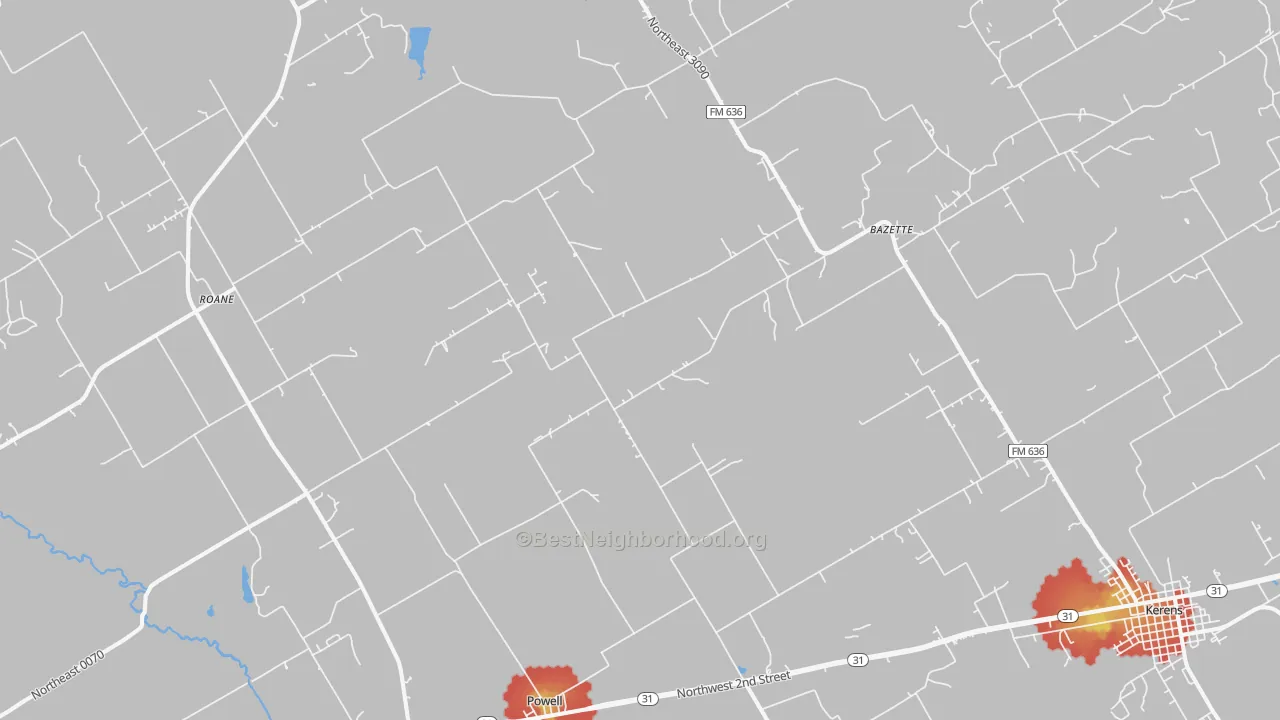 Walk Grade map of Powell, TX, walkable areas in green and car-dependent areas in red