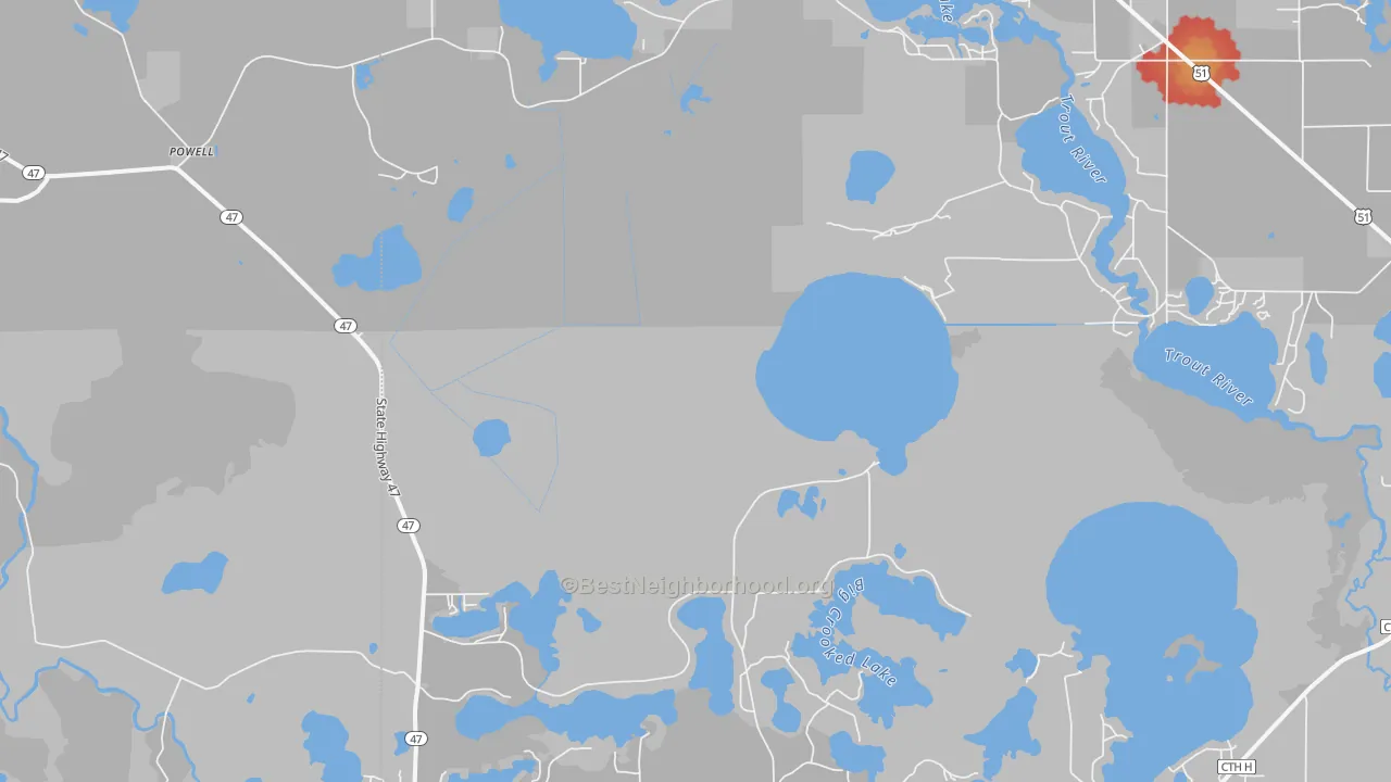 Walk Grade map of Powell, WI, walkable areas in green and car-dependent areas in red