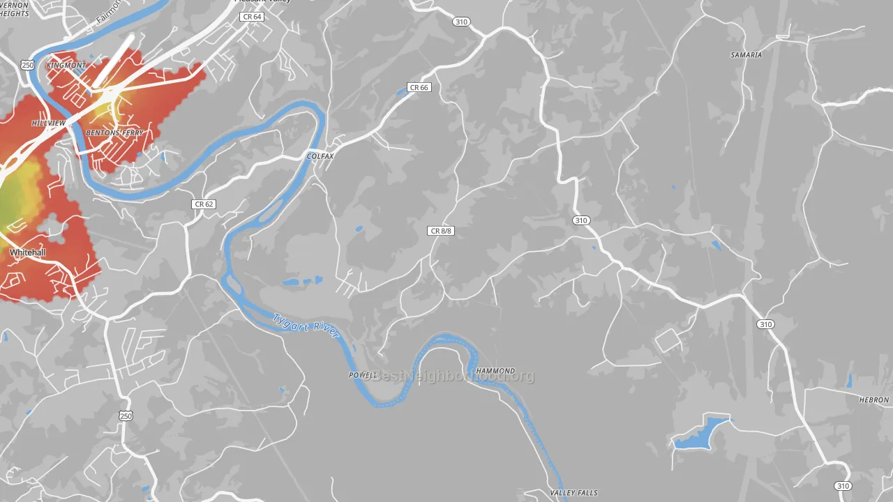 Walk Grade map of Powell, WV, walkable areas in green and car-dependent areas in red