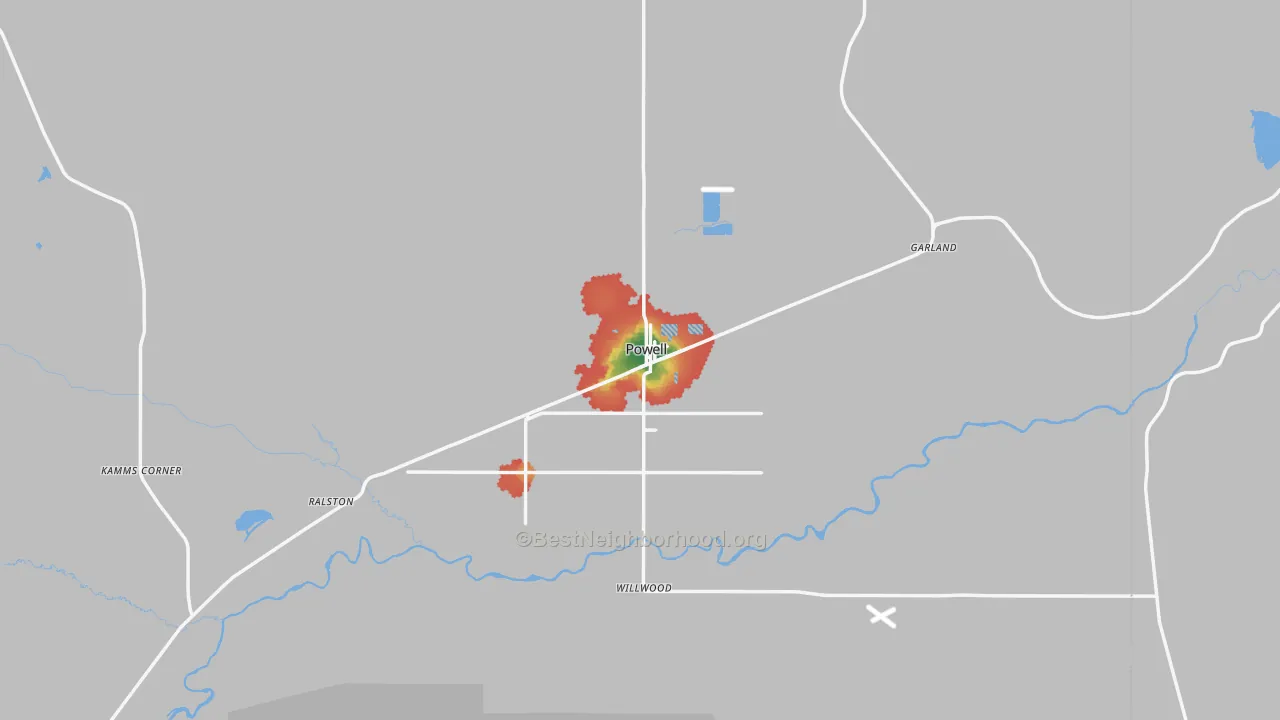 Walk Grade map of Powell, WY, walkable areas in green and car-dependent areas in red