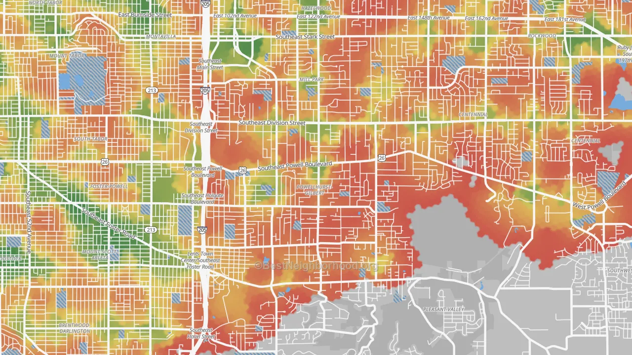 Walk Grade map of Powellhurst-Gilbert, Portland, OR, walkable areas in green and car-dependent areas in red