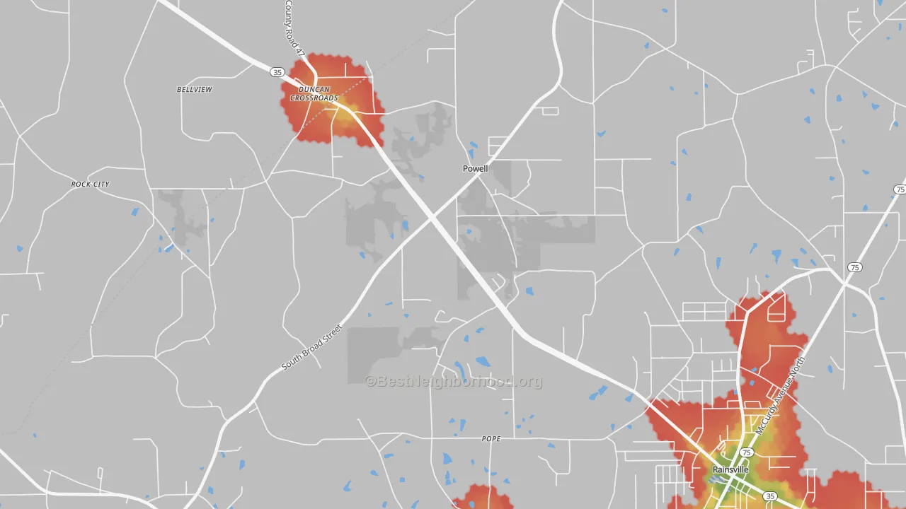 Walk Grade map of Powells Crossroads, AL, walkable areas in green and car-dependent areas in red