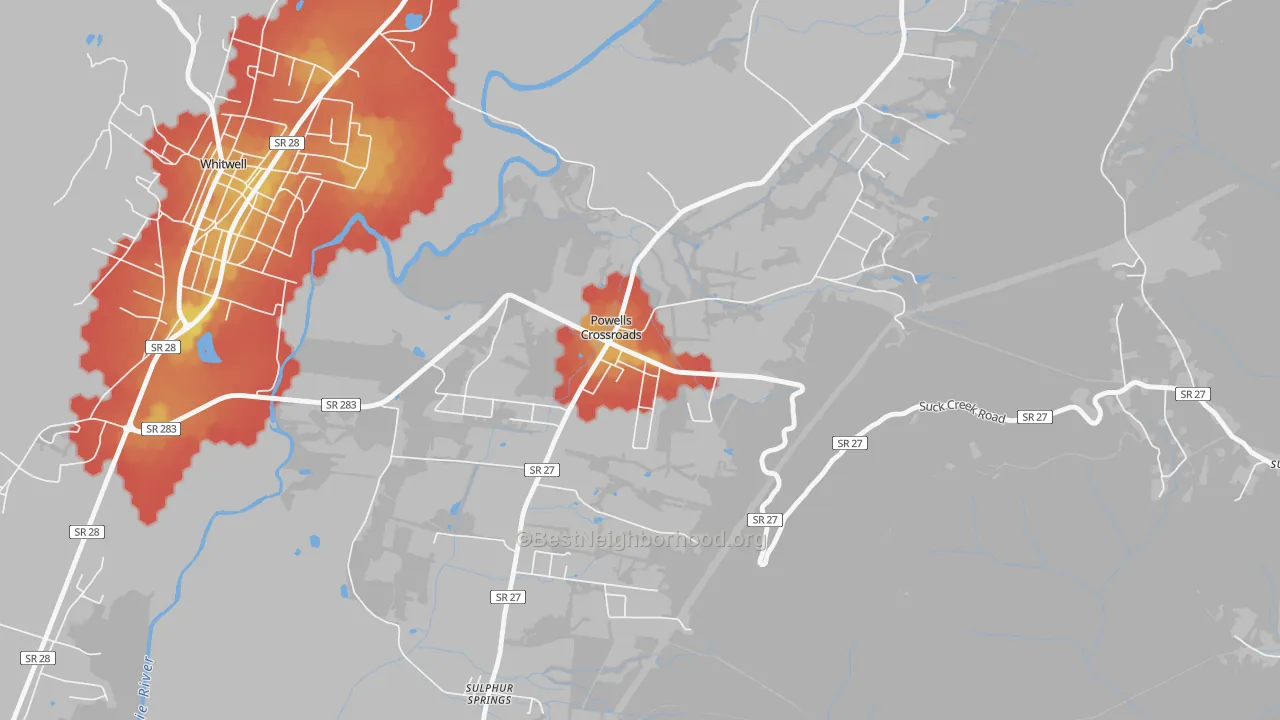 Walk Grade map of Powells Crossroads, TN, walkable areas in green and car-dependent areas in red