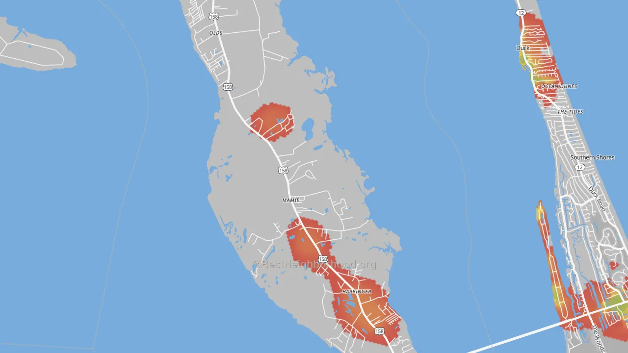 Walk Grade map of Powells Point, NC, walkable areas in green and car-dependent areas in red