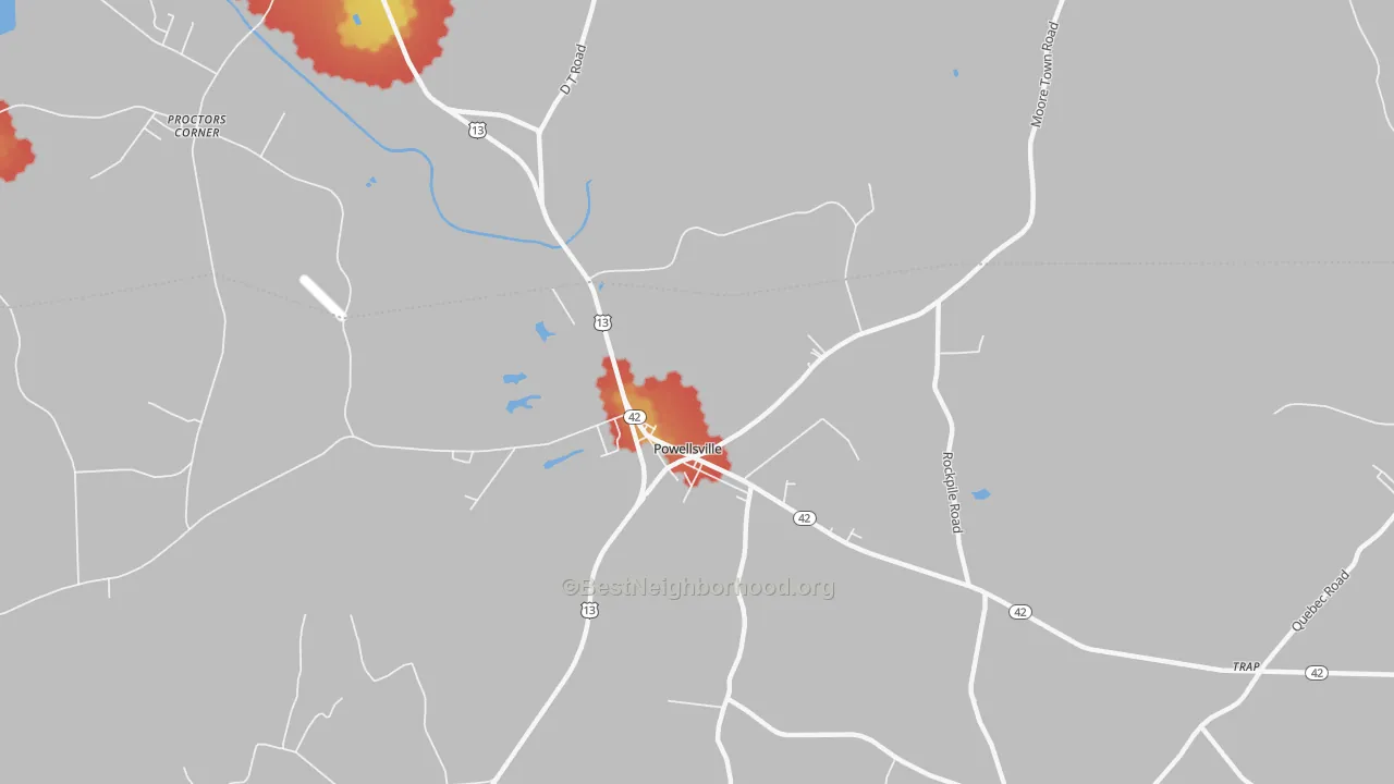 Walk Grade map of Powellsville, NC, walkable areas in green and car-dependent areas in red