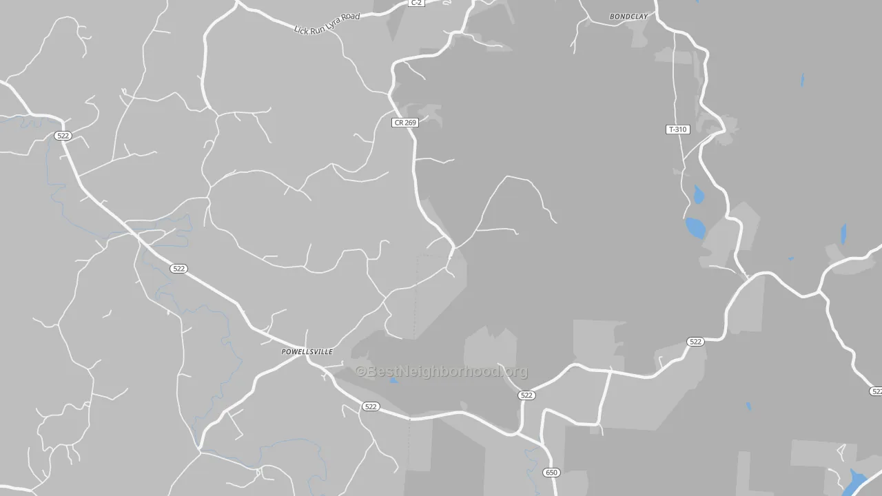Walk Grade map of Powellsville, OH, walkable areas in green and car-dependent areas in red