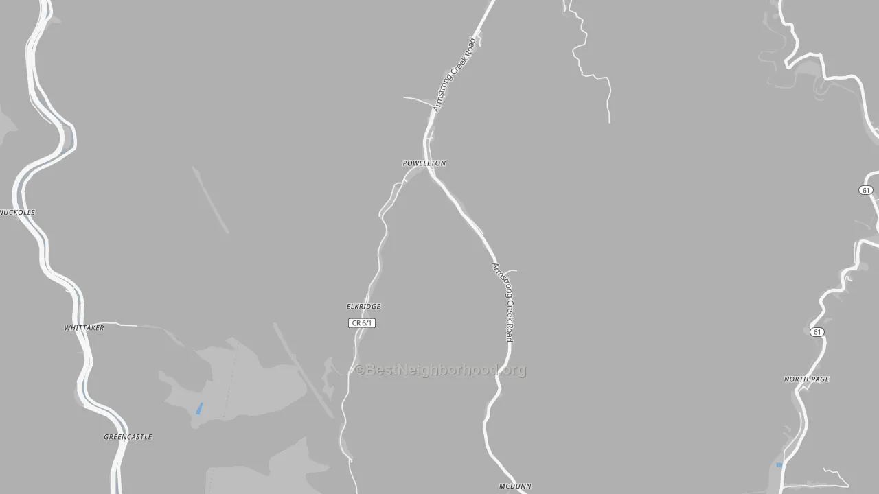Walk Grade map of Powellton, WV, walkable areas in green and car-dependent areas in red
