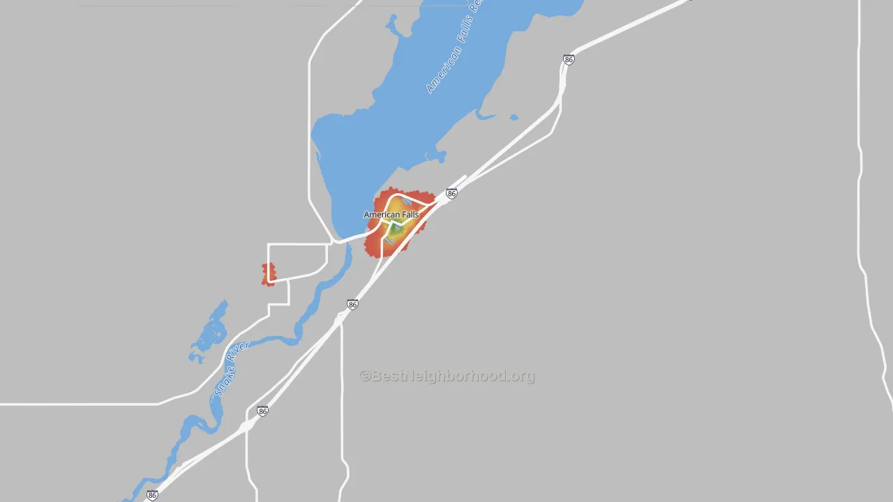 Walk Grade map of Power County, ID, walkable areas in green and car-dependent areas in red