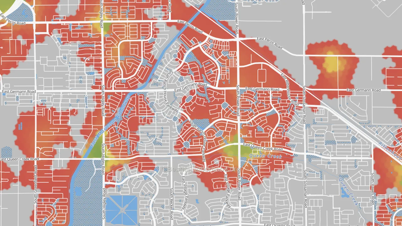 Walk Grade map of Power Ranch, Gilbert, AZ, walkable areas in green and car-dependent areas in red