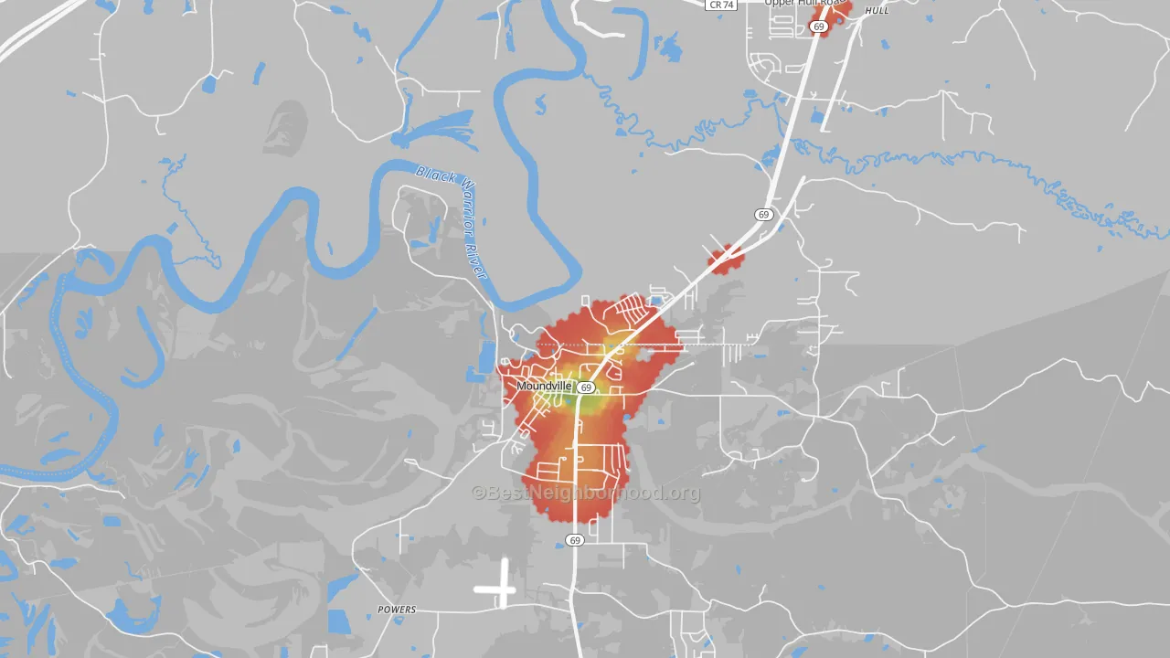 Walk Grade map of Powers, AL, walkable areas in green and car-dependent areas in red