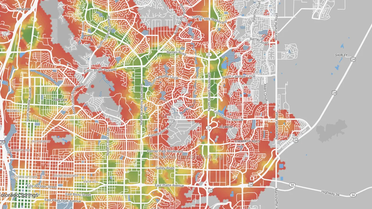 Walk Grade map of Powers, Colorado Springs, CO, walkable areas in green and car-dependent areas in red