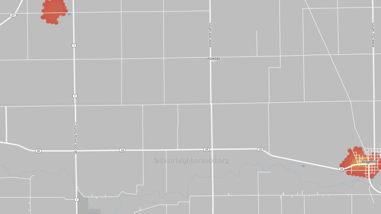 Walk Grade map of Powers, IN, walkable areas in green and car-dependent areas in red