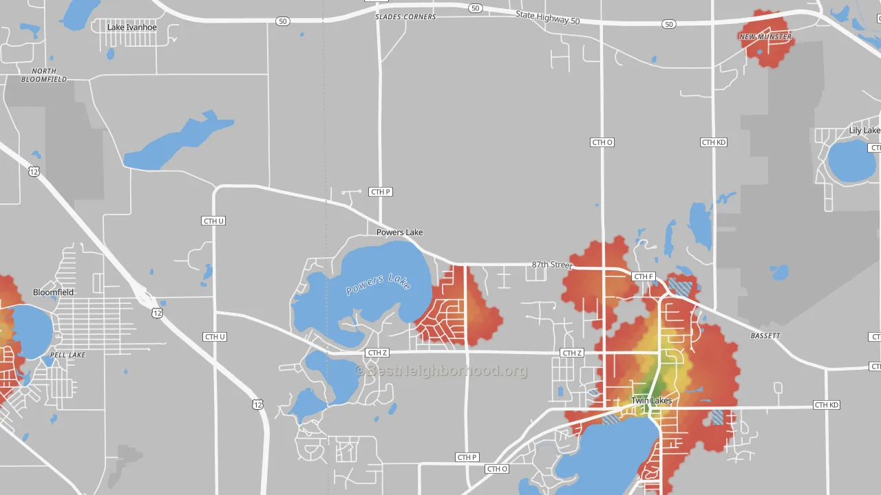 Walk Grade map of Powers Lake, WI, walkable areas in green and car-dependent areas in red