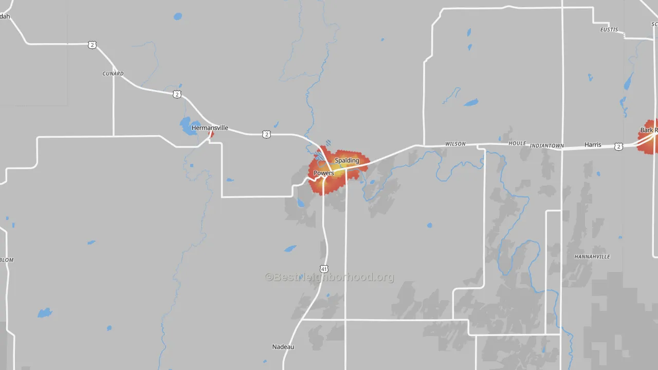 Walk Grade map of Powers, MI, walkable areas in green and car-dependent areas in red
