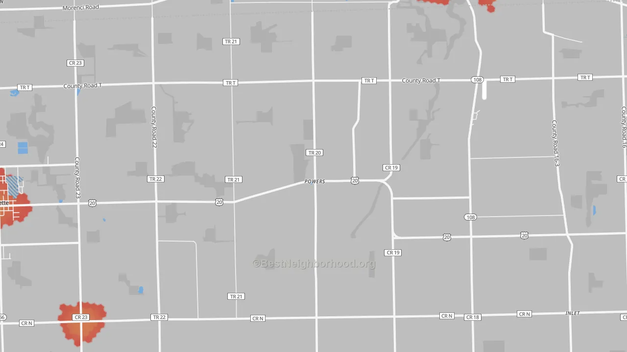 Walk Grade map of Powers, OH, walkable areas in green and car-dependent areas in red